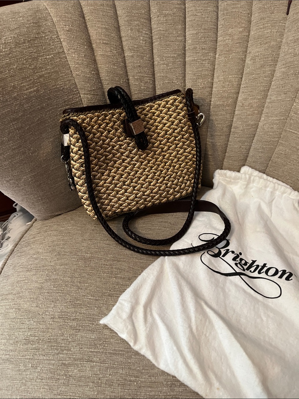 Brighton Woven Straw Crossbody in Natural and Dark Brown